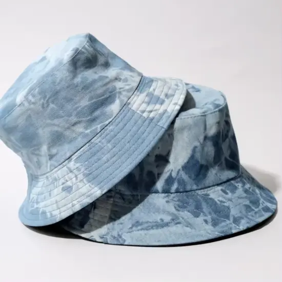 Blank denim bucket hat with custom text embroidery