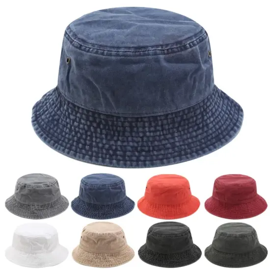washed cotton flat-top wide brim bucket hat